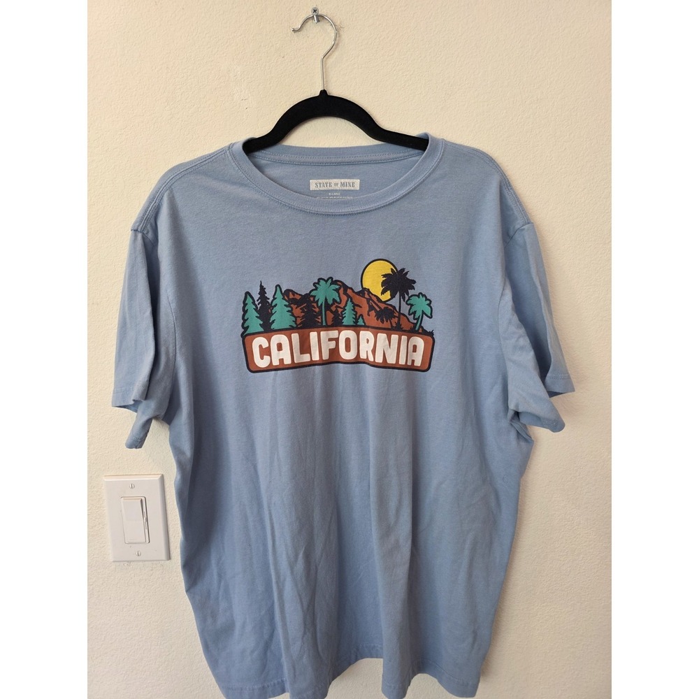 STATE OF MINE California Spellout Sz‎ XL Blue Palm Tree Sun Mountain Graphic